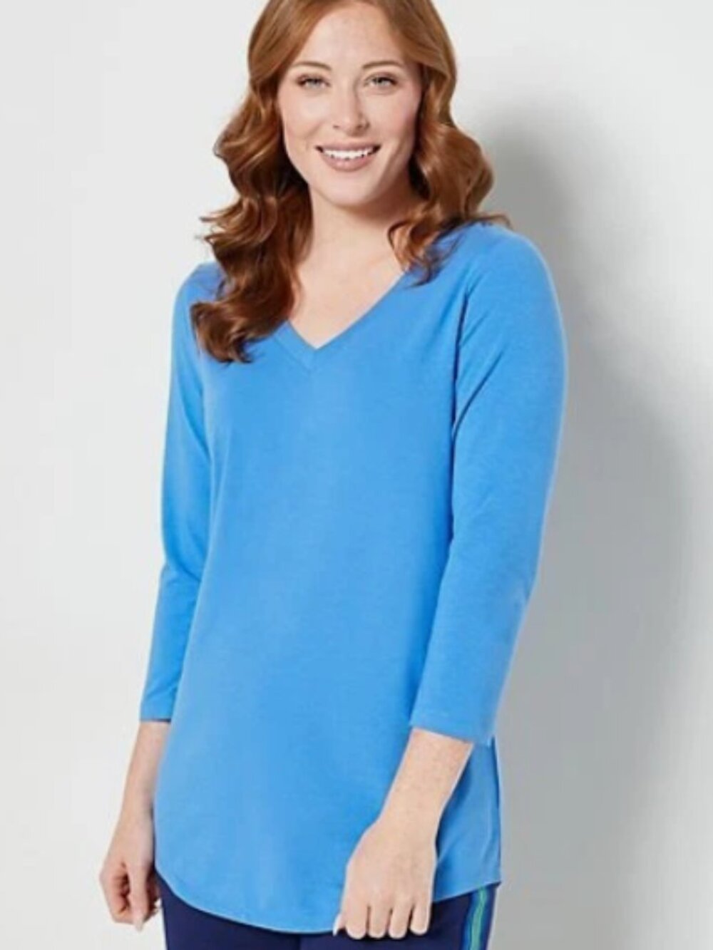 Susan Graver Weekend Essentials Comfy Cotton V-Neck Tunic-Blue Sky-Small-A467779